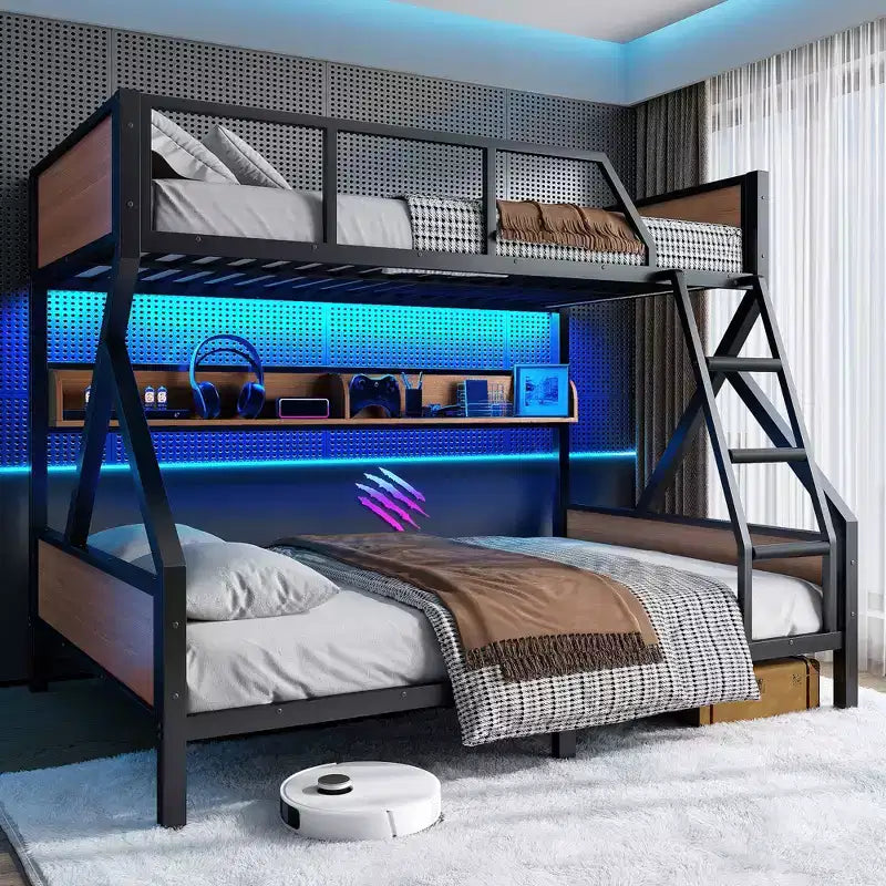 Full XL/Queen or Full+Storage Board/Queen Bunk Bed, Metal Bunk Bed with Storage Shelves and Lights, Space-saving & Noise-free Design, Black