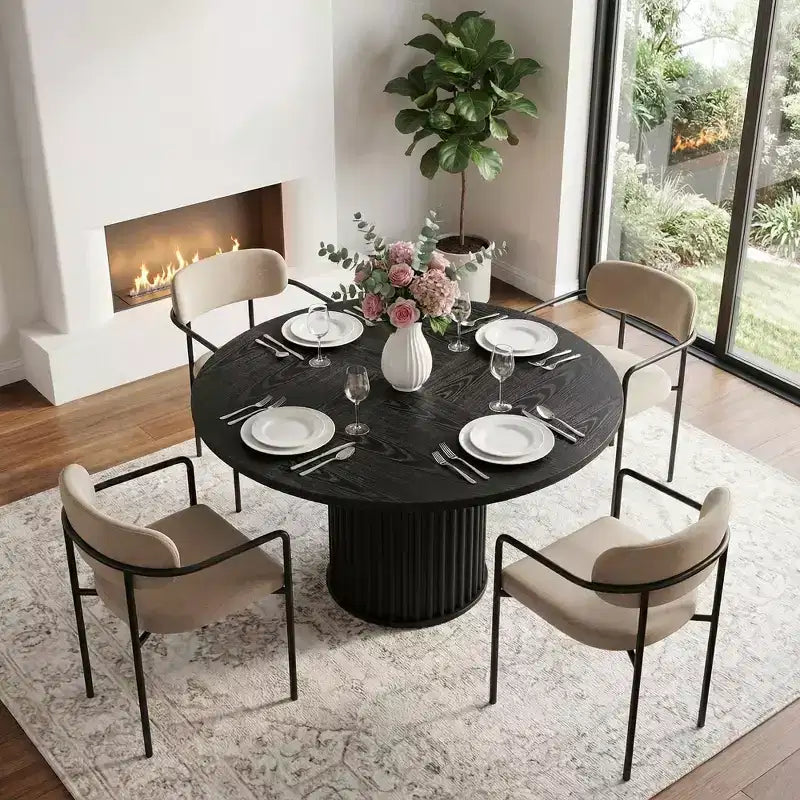 MAYEERTY Table à Manger Ronde 47 en Bois, Table de Cuisine avec Base en Métal Cannelé Robuste