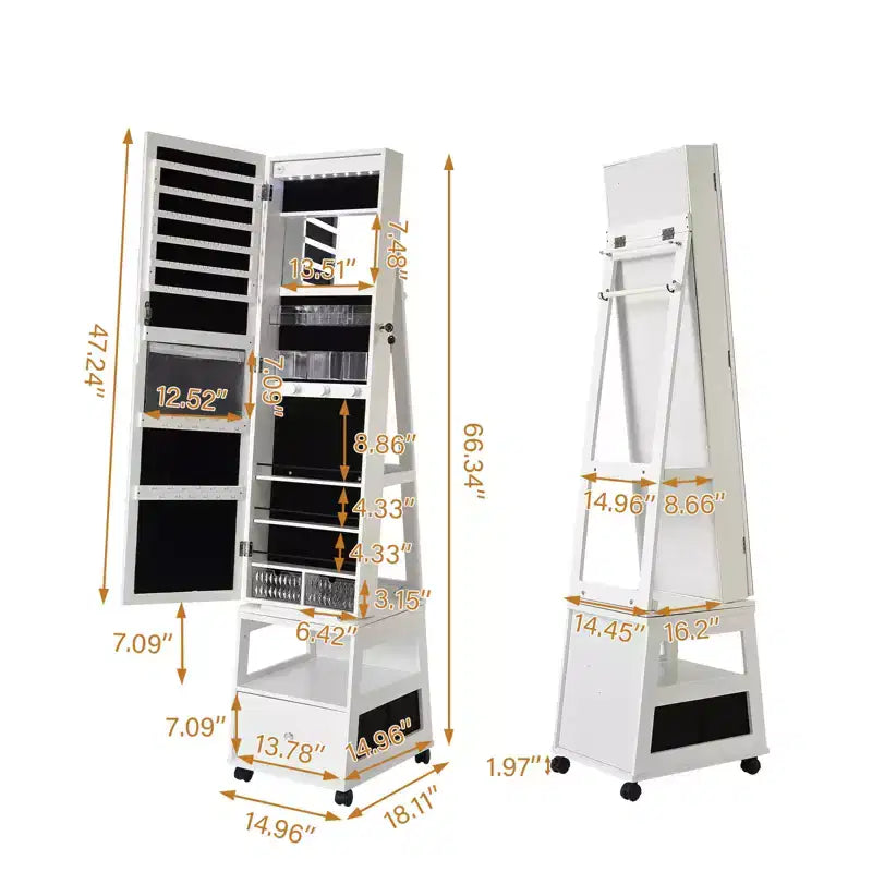 Armoire à bijoux pivotante à 360° avec serrure et éclairage LED, miroir pleine longueur avec interface d'écran, 3 étagères et tiroir, organisateur de rangement blanc