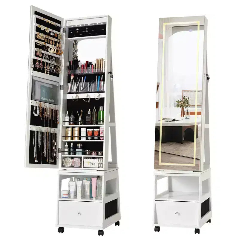 Armoire à bijoux pivotante à 360° avec serrure et éclairage LED, miroir pleine longueur avec interface d'écran, 3 étagères et tiroir, organisateur de rangement blanc