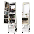 Armoire à bijoux pivotante à 360° avec serrure et éclairage LED, miroir pleine longueur avec interface d'écran, 3 étagères et tiroir, organisateur de rangement blanc