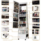 Armoire à bijoux pivotante à 360° avec serrure et éclairage LED, miroir pleine longueur avec interface d'écran, 3 étagères et tiroir, organisateur de rangement blanc