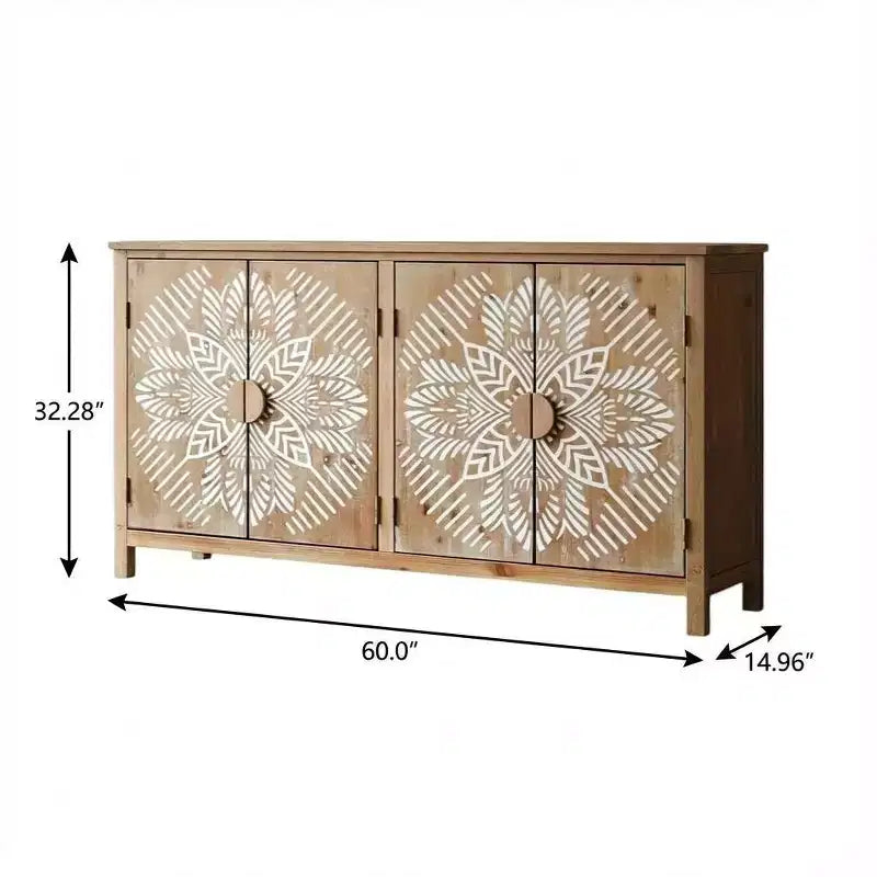 HomeRoots Armoire décorative florale sculptée en bois marron et blanc de 60 avec quatre portes