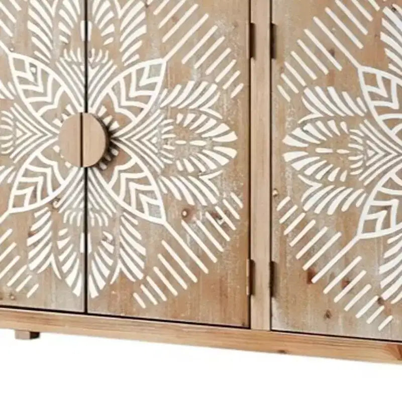 HomeRoots Armoire décorative florale sculptée en bois marron et blanc de 60 avec quatre portes