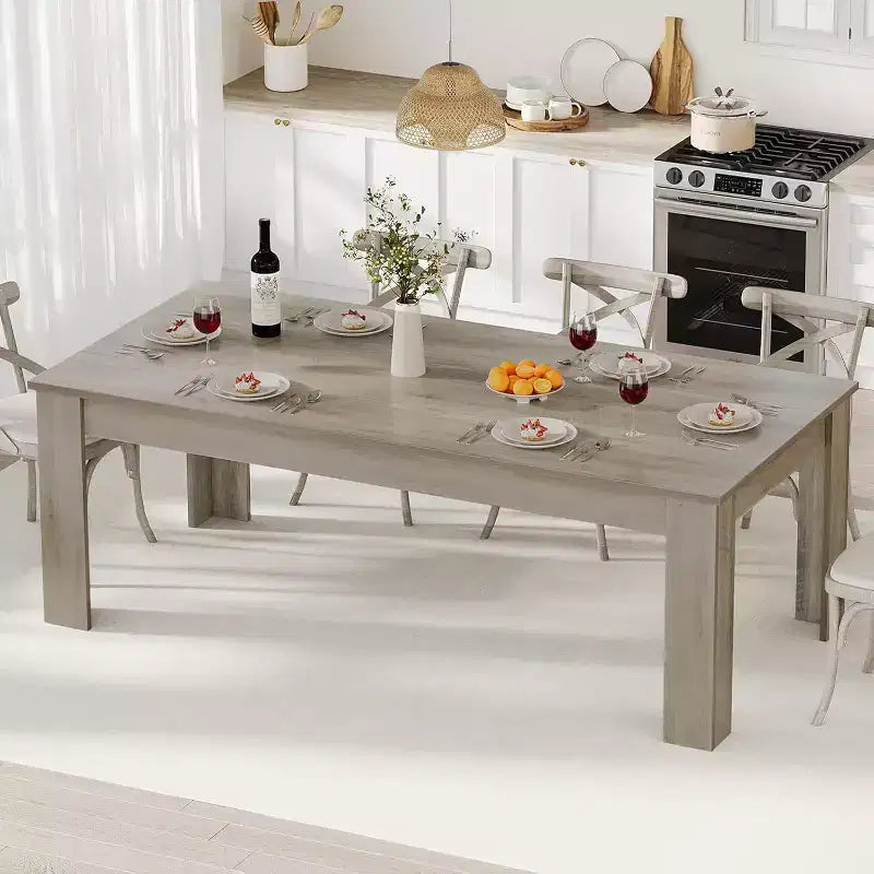 71 Grande table à manger pour 6-8 personnes, Grande table de cuisine rectangulaire de style rustique, Bois, Cadre épais et pieds triangulaires robustes, Base à lattes de bois