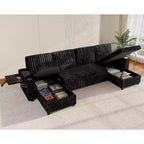 MooxvMoo 122 U-Shaped Sleeper Sofa with Storage,Side Table,USB Ports&Cup Holders Jet,Convertible Couch Featuring Pull-Out Bed,Adjustable Backrest