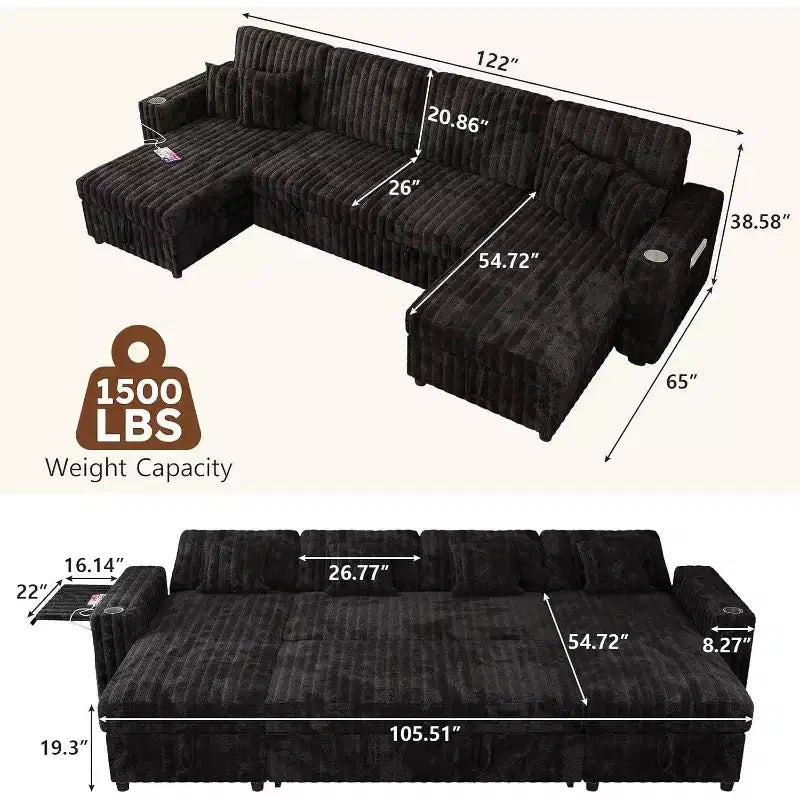 Canapé convertible d'angle MooxvMoo 122 avec rangement, table d'appoint, ports USB et porte-gobelets Jet, avec lit gigogne et dossier réglable
