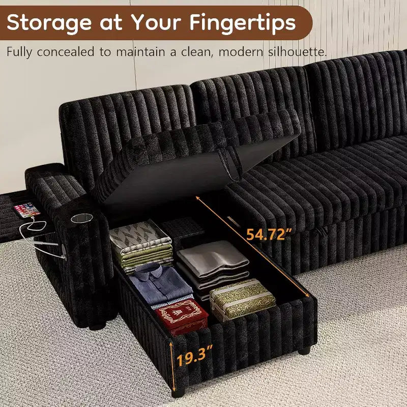Canapé convertible d'angle MooxvMoo 122 avec rangement, table d'appoint, ports USB et porte-gobelets Jet, avec lit gigogne et dossier réglable