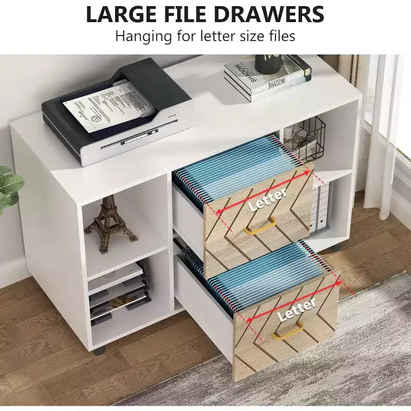 Classeur 2 tiroirs Lantine, Grand classeur latéral mobile pour dossiers de format lettre avec support d'imprimante et roulettes pour bureau à domicile, Blanc