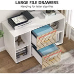 Classeur 2 tiroirs Lantine, Grand classeur latéral mobile pour dossiers de format lettre avec support d'imprimante et roulettes pour bureau à domicile, Blanc