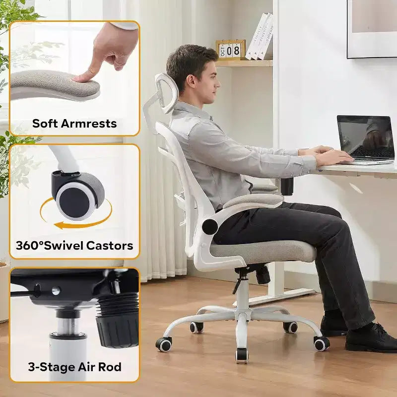 Chaise de bureau ergonomique Acekool avec accoudoirs relevables, siège large en maille, soutien lombaire, chaise de bureau d'ordinateur pour chambre à coucher et bureau