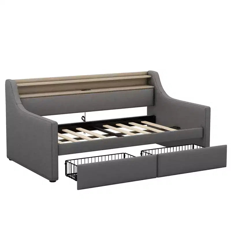 Lit de repos double Bellemave avec lit gigogne et tiroirs, lits de repos avec station de recharge et lumières LED, lits de repos rembourrés pour enfants, adolescents et adultes, gris