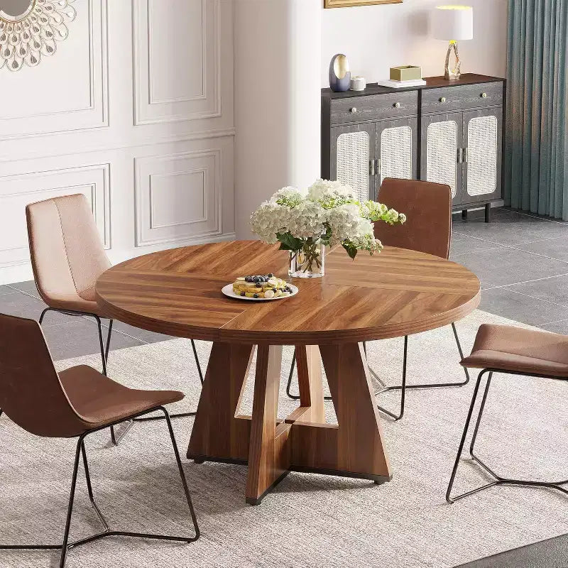 Table à manger ronde Lantine de 47 pouces pour 4 personnes, table de cuisine circulaire de style ferme avec base en bois pour cuisine, salle à manger, salon, marron