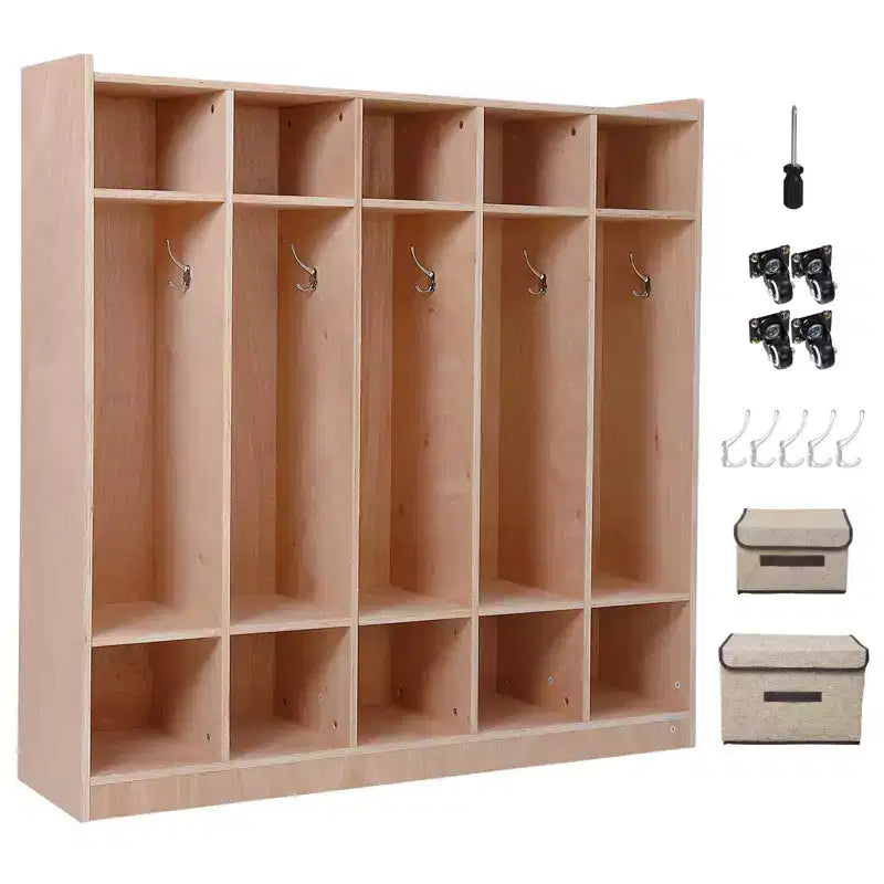 5-Section Wooden Kids Coat Locker Cubby with Hooks, Wheels & Storage Boxes | Daycare & Classroom Storage Solution for Toddlers