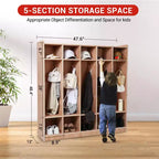 Vestiaire pour enfants en bois à 5 sections avec crochets, roulettes et bacs de rangement | Solution de rangement pour crèches et salles de classe pour tout-petits