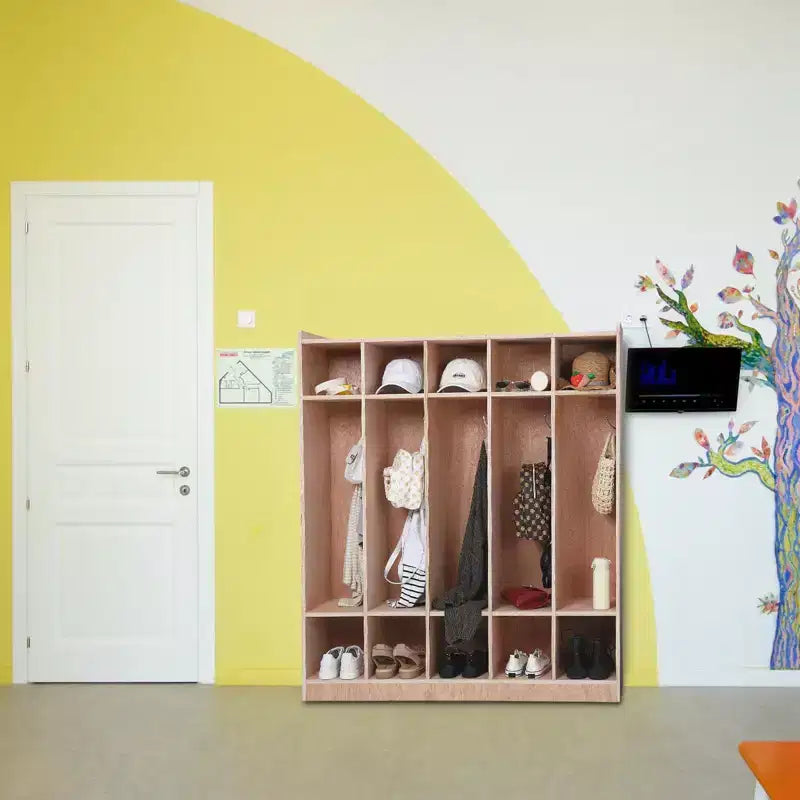Vestiaire pour enfants en bois à 5 sections avec crochets, roulettes et bacs de rangement | Solution de rangement pour crèches et salles de classe pour tout-petits