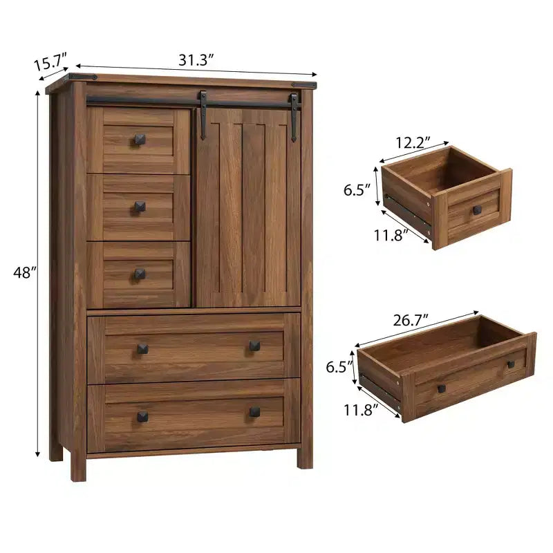 Commode 5 tiroirs de style campagnard, buffet de rangement en bois de 48 po avec porte coulissante de style grange et étagère réglable pour chambre à coucher, salon, couloir