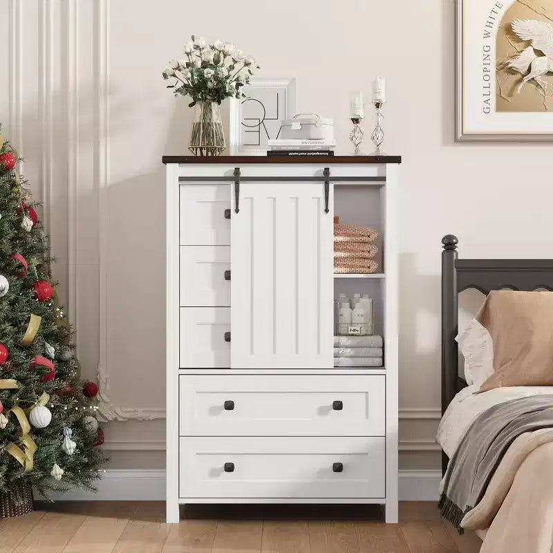 Commode 5 tiroirs de style campagnard, buffet de rangement en bois de 48 po avec porte coulissante de style grange et étagère réglable pour chambre à coucher, salon, couloir