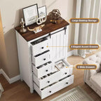 Commode 5 tiroirs de style campagnard, buffet de rangement en bois de 48 po avec porte coulissante de style grange et étagère réglable pour chambre à coucher, salon, couloir