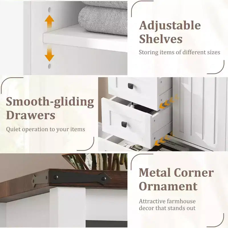 Commode 5 tiroirs de style campagnard, buffet de rangement en bois de 48 po avec porte coulissante de style grange et étagère réglable pour chambre à coucher, salon, couloir