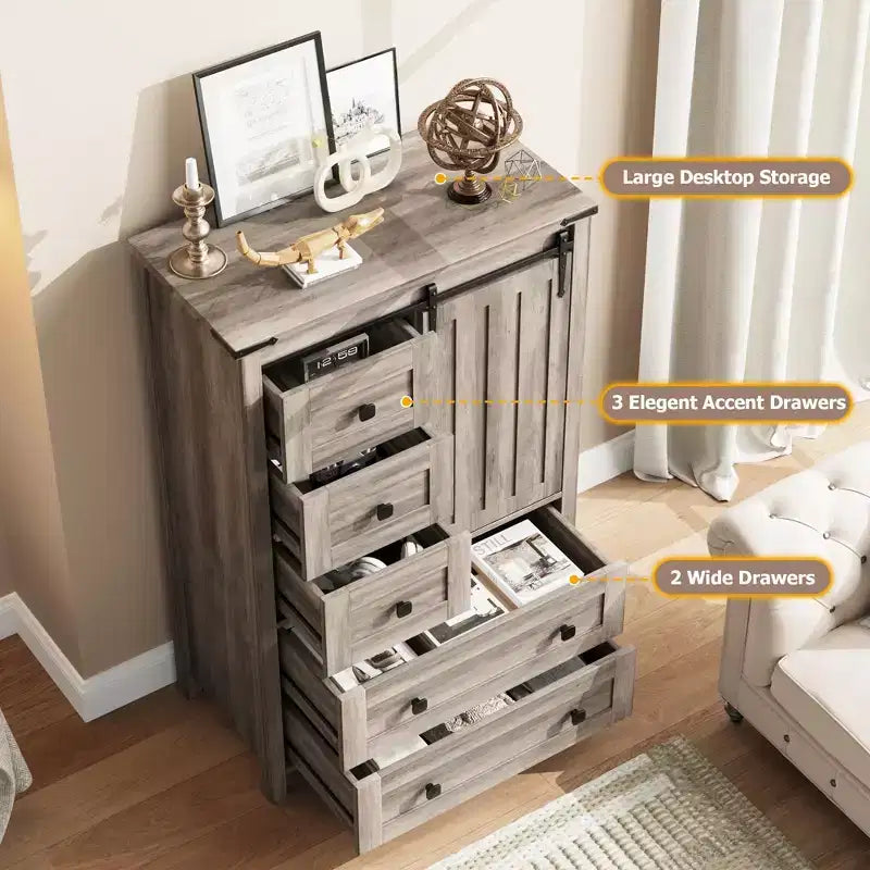 Commode 5 tiroirs de style campagnard, buffet de rangement en bois de 48 po avec porte coulissante de style grange et étagère réglable pour chambre à coucher, salon, couloir