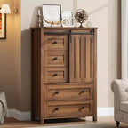 Commode 5 tiroirs de style campagnard, buffet de rangement en bois de 48 po avec porte coulissante de style grange et étagère réglable pour chambre à coucher, salon, couloir