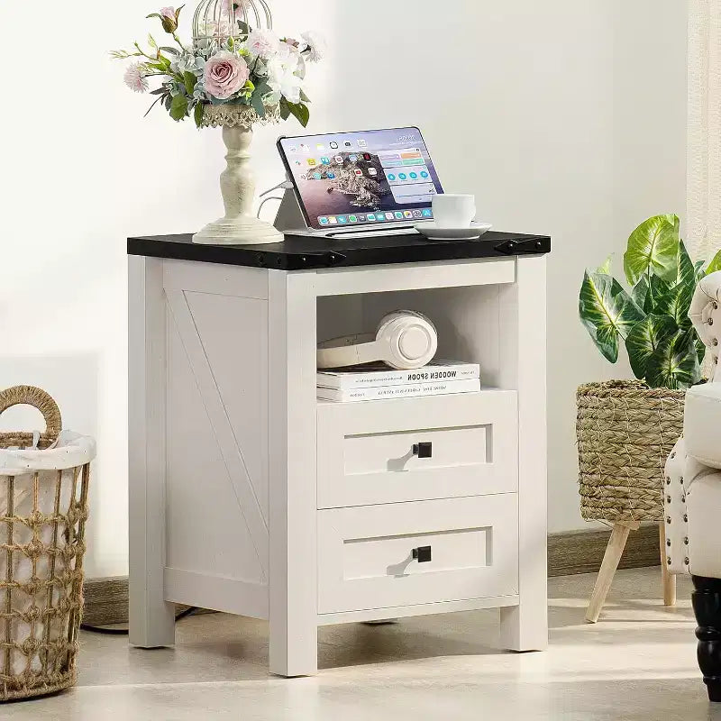 BALHAM TRADE-Table de chevet de ferme, lot de 2 avec recharge USB, 2 tiroirs et étagère ouverte