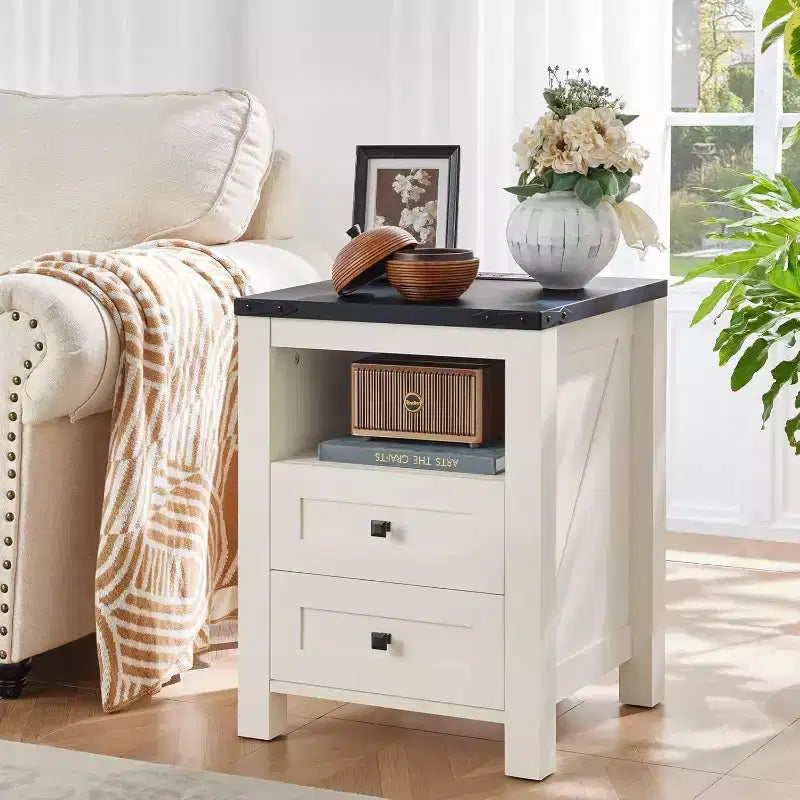 BALHAM TRADE-Table de chevet de ferme, lot de 2 avec recharge USB, 2 tiroirs et étagère ouverte