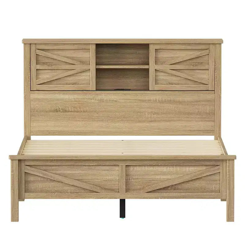 MAYEERTY Ensemble de chambre à coucher 3 pièces de taille Queen avec tête de lit de rangement à portes coulissantes doubles et table de chevet de rangement avec station de charge et commode pour chambre à coucher, couleur naturelle