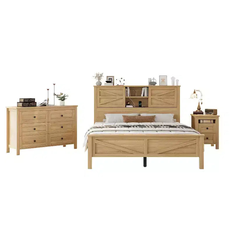 MAYEERTY Ensemble de chambre à coucher 3 pièces de taille Queen avec tête de lit de rangement à portes coulissantes doubles et table de chevet de rangement avec station de charge et commode pour chambre à coucher, couleur naturelle