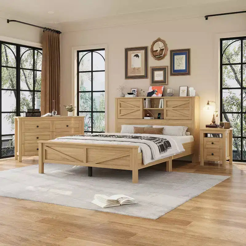 MAYEERTY Ensemble de chambre à coucher 3 pièces de taille Queen avec tête de lit de rangement à portes coulissantes doubles et table de chevet de rangement avec station de charge et commode pour chambre à coucher, couleur naturelle