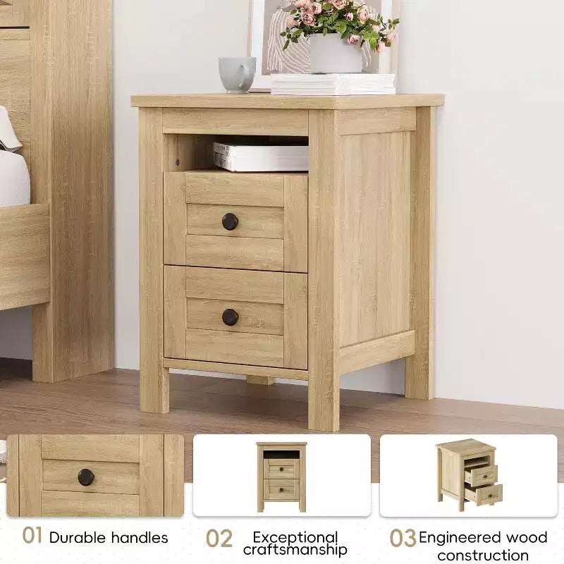 MAYEERTY Ensemble de chambre à coucher 3 pièces de taille Queen avec tête de lit de rangement à portes coulissantes doubles et table de chevet de rangement avec station de charge et commode pour chambre à coucher, couleur naturelle