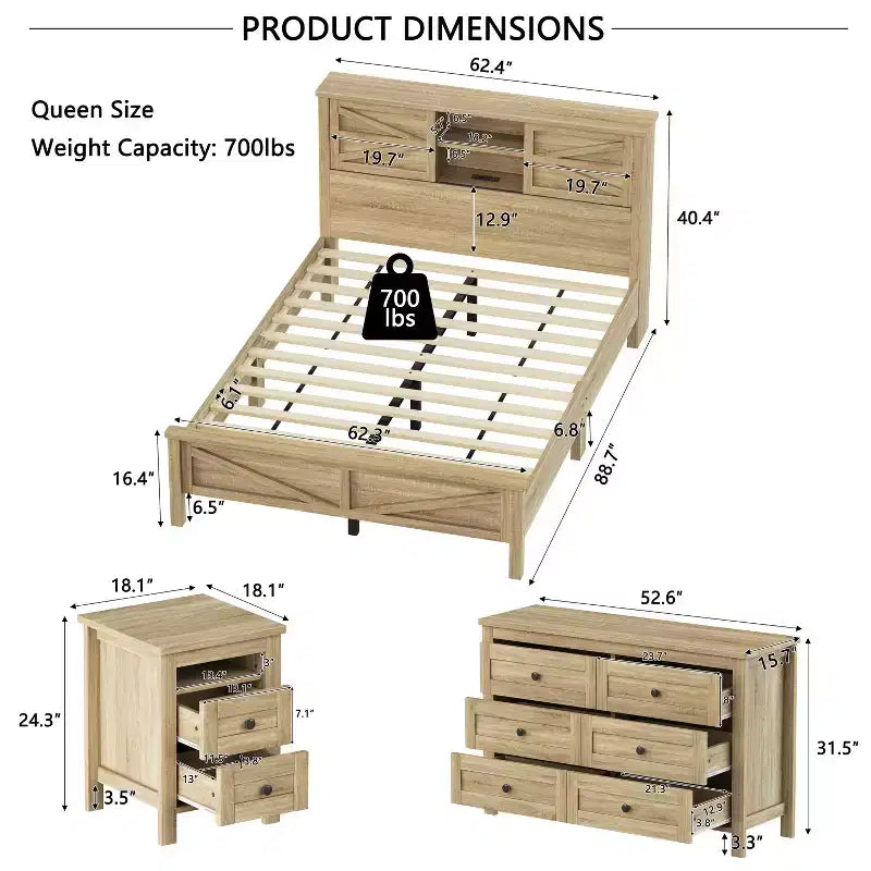MAYEERTY Ensemble de chambre à coucher 3 pièces de taille Queen avec tête de lit de rangement à portes coulissantes doubles et table de chevet de rangement avec station de charge et commode pour chambre à coucher, couleur naturelle