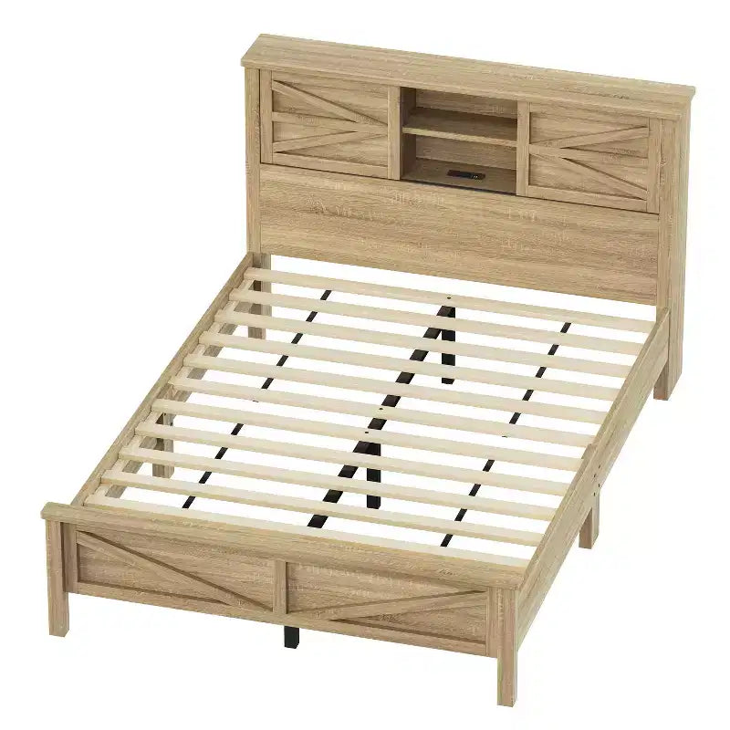 MAYEERTY Ensemble de chambre à coucher 3 pièces de taille Queen avec tête de lit de rangement à portes coulissantes doubles et table de chevet de rangement avec station de charge et commode pour chambre à coucher, couleur naturelle