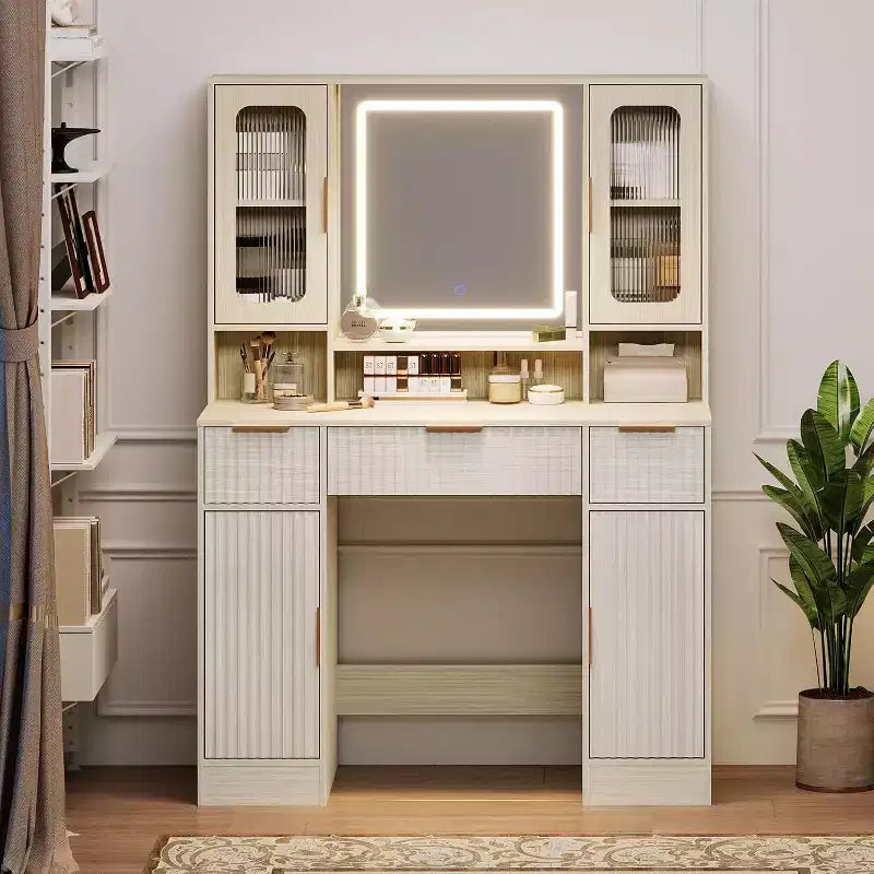 Coiffeuse avec miroir, Table de maquillage moderne, Coiffeuse pour chambre à coucher avec 2 armoires en verre, 2 grandes armoires, 3 tiroirs et étagères de rangement