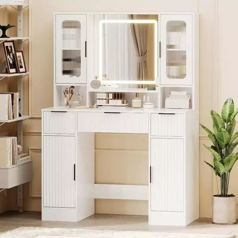 Vanity Desk with Mirror, Modern Makeup Dressing Table, Vanities for Bedroom with 2 Glass Cabinet, 2 Large Cabinet, 3 Drawers & Storage Shelves