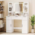 Vanity Desk with Mirror, Modern Makeup Dressing Table, Vanities for Bedroom with 2 Glass Cabinet, 2 Large Cabinet, 3 Drawers & Storage Shelves