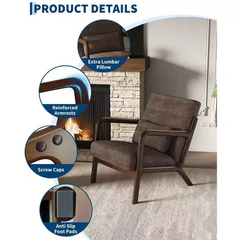 Fauteuil d'appoint moderne du milieu du siècle avec oreiller lombaire, revêtement en chenille et cadre en bois massif