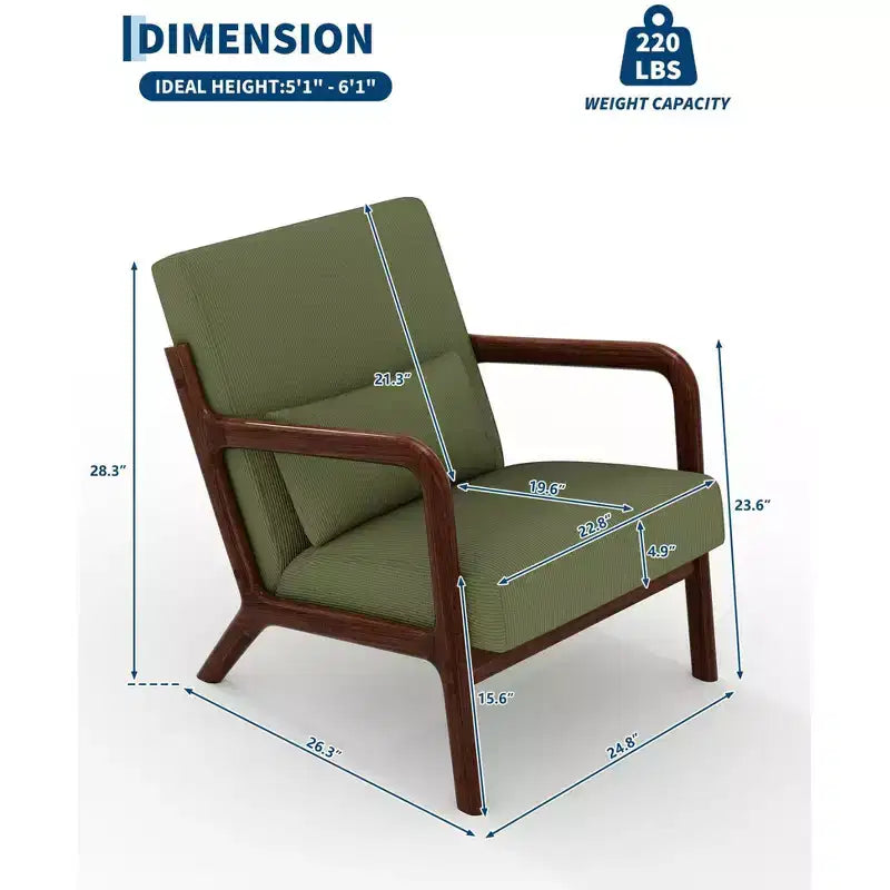 Fauteuil d'appoint moderne du milieu du siècle avec oreiller lombaire, revêtement en chenille et cadre en bois massif