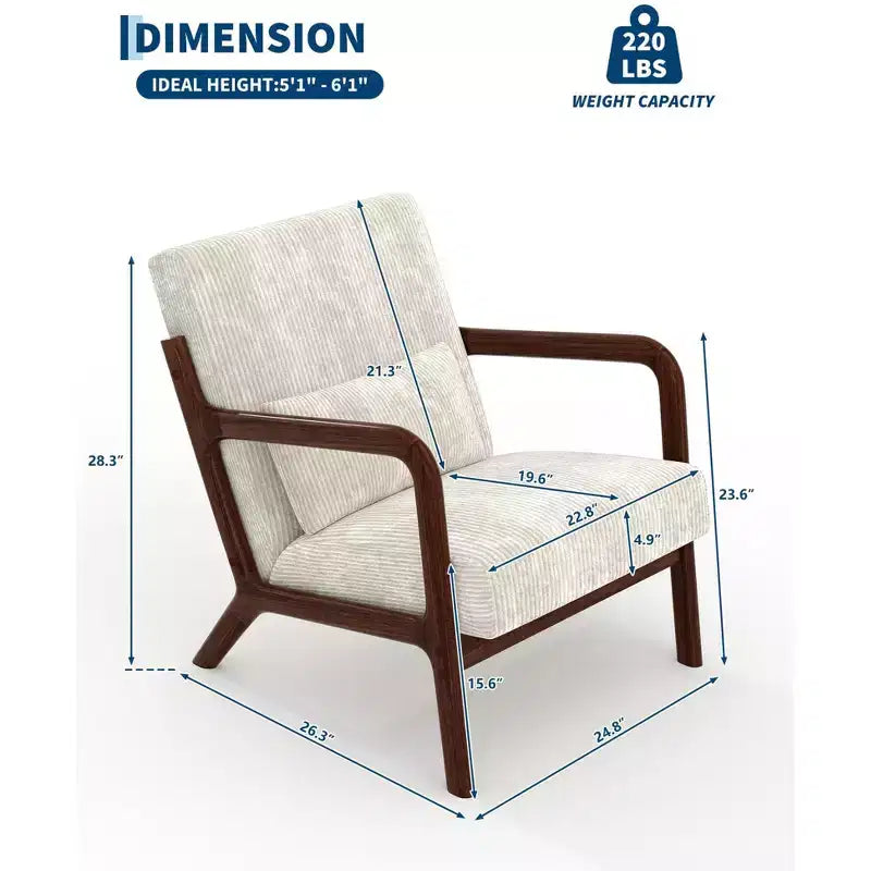 Fauteuil d'appoint moderne du milieu du siècle avec oreiller lombaire, revêtement en chenille et cadre en bois massif