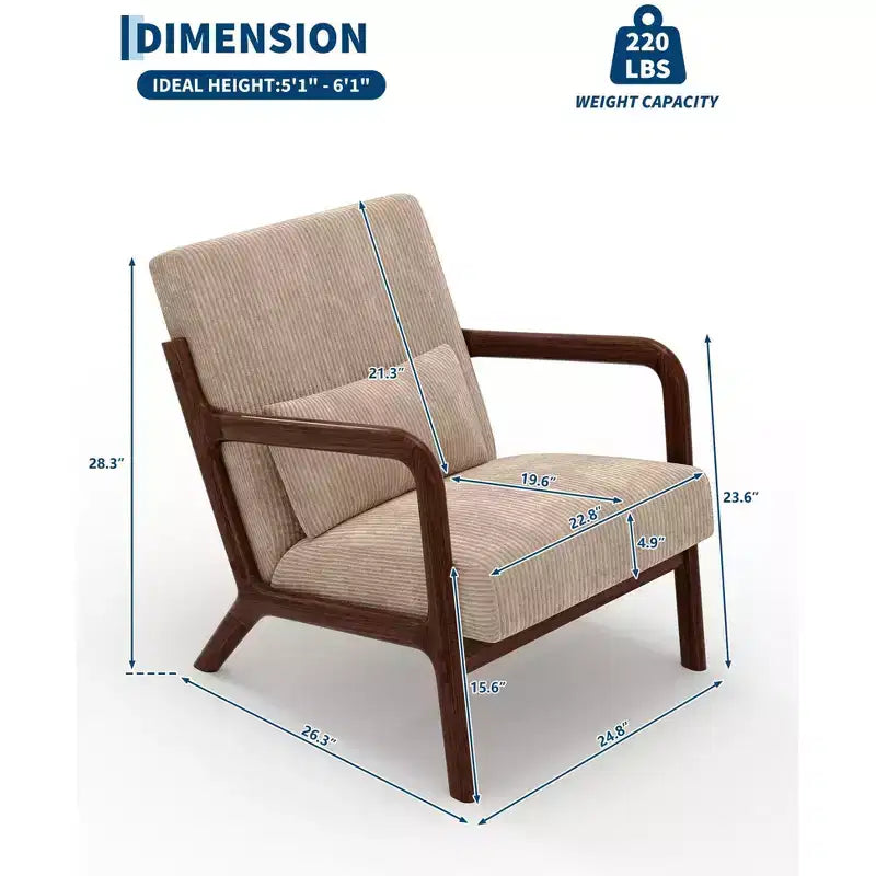 Fauteuil d'appoint moderne du milieu du siècle avec oreiller lombaire, revêtement en chenille et cadre en bois massif