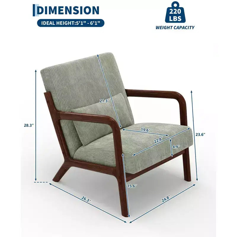 Fauteuil d'appoint moderne du milieu du siècle avec oreiller lombaire, revêtement en chenille et cadre en bois massif