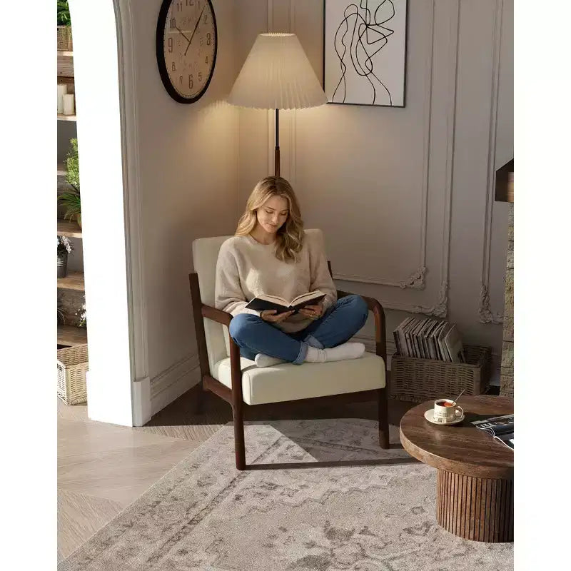 Fauteuil d'appoint moderne du milieu du siècle avec oreiller lombaire, revêtement en chenille et cadre en bois massif
