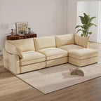 MooxvMoo 112in Chenille Sofas for Living Room,L Shaped Couch with Storage,Sectional Couch w/ Pull Out Drawer & Throw Pillows & Storage Ottoman,Wheat