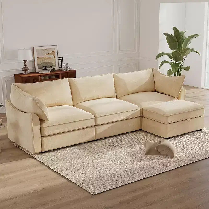 MooxvMoo 112in Chenille Sofas for Living Room,L Shaped Couch with Storage,Sectional Couch w/ Pull Out Drawer & Throw Pillows & Storage Ottoman,Wheat