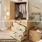 Armoire penderie de 69,5 po, meuble de rangement en bois avec 3 tiroirs, tringle de suspension, armoire de rangement pour vêtements à 2 portes pour chambre à coucher