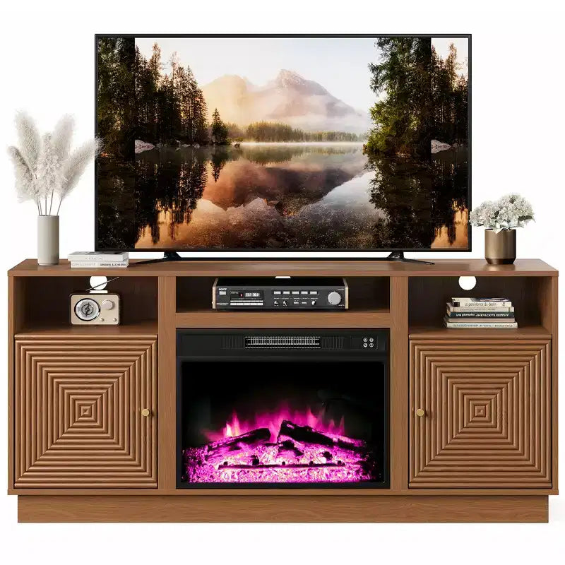 Meuble TV de cheminée Heynemo 59'' pour téléviseurs jusqu'à 65'' avec rangement et étagères réglables
