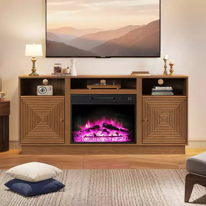 Meuble TV de cheminée Heynemo 59'' pour téléviseurs jusqu'à 65'' avec rangement et étagères réglables
