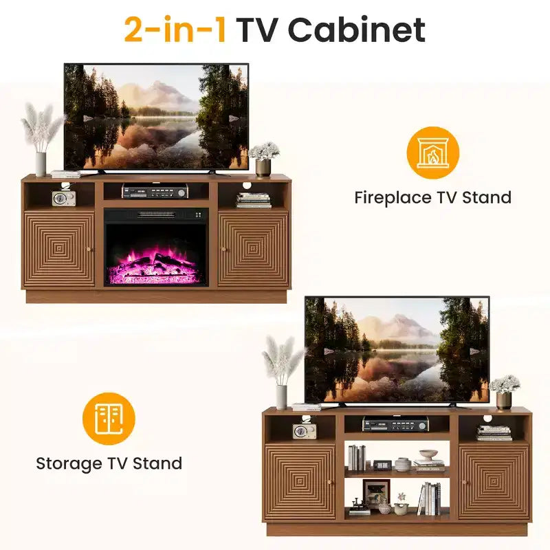 Meuble TV de cheminée Heynemo 59'' pour téléviseurs jusqu'à 65'' avec rangement et étagères réglables