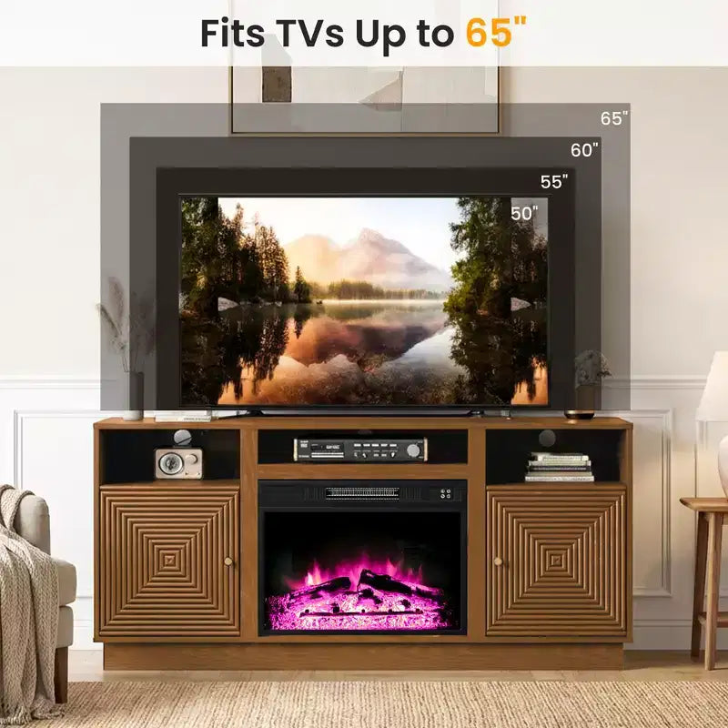 Meuble TV de cheminée Heynemo 59'' pour téléviseurs jusqu'à 65'' avec rangement et étagères réglables